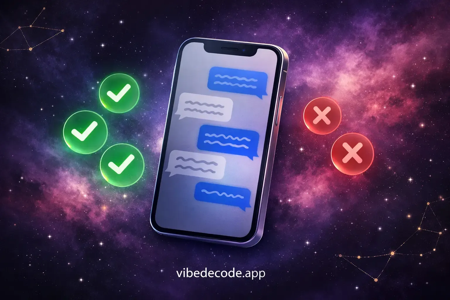 ``` Does he like me over text? A smartphone showing a text conversation where she says 'we should do that again!' and he replies 'sounds good 👍' — surrounded by green and red interest signal indicators in a cosmic nebula background — by Vibe Decode ```