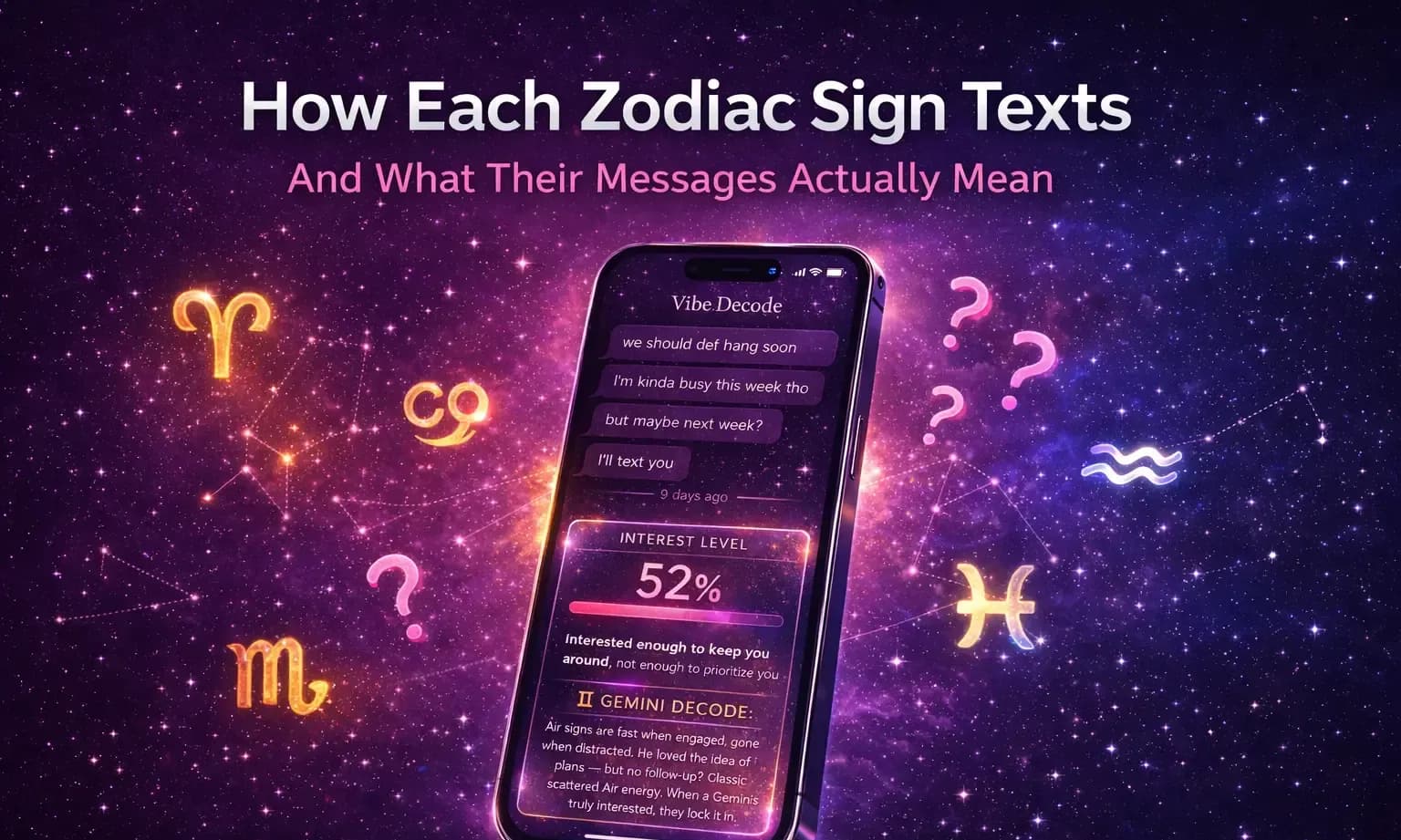 Vibe Decode app showing a Gemini text decode with 52 percent interest level score surrounded by zodiac symbols on a cosmic background — how each zodiac sign texts and what their messages actually mean