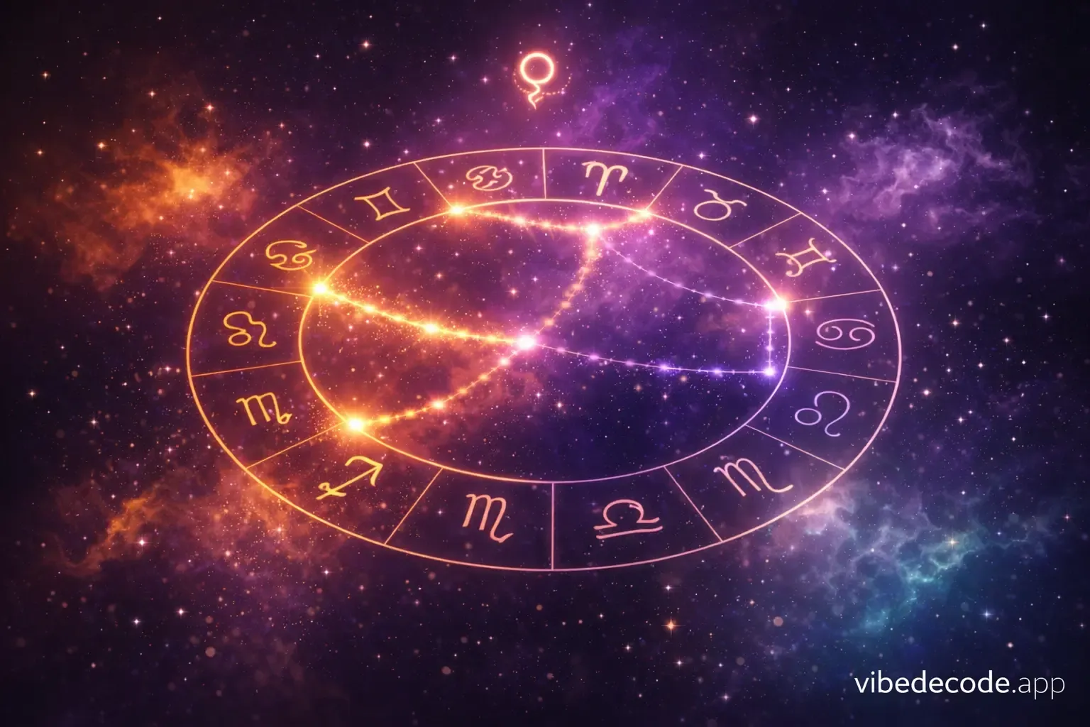 Zodiac compatibility guide showing best and worst sign matches with golden connection lines on cosmic purple background — vibedecode.app
